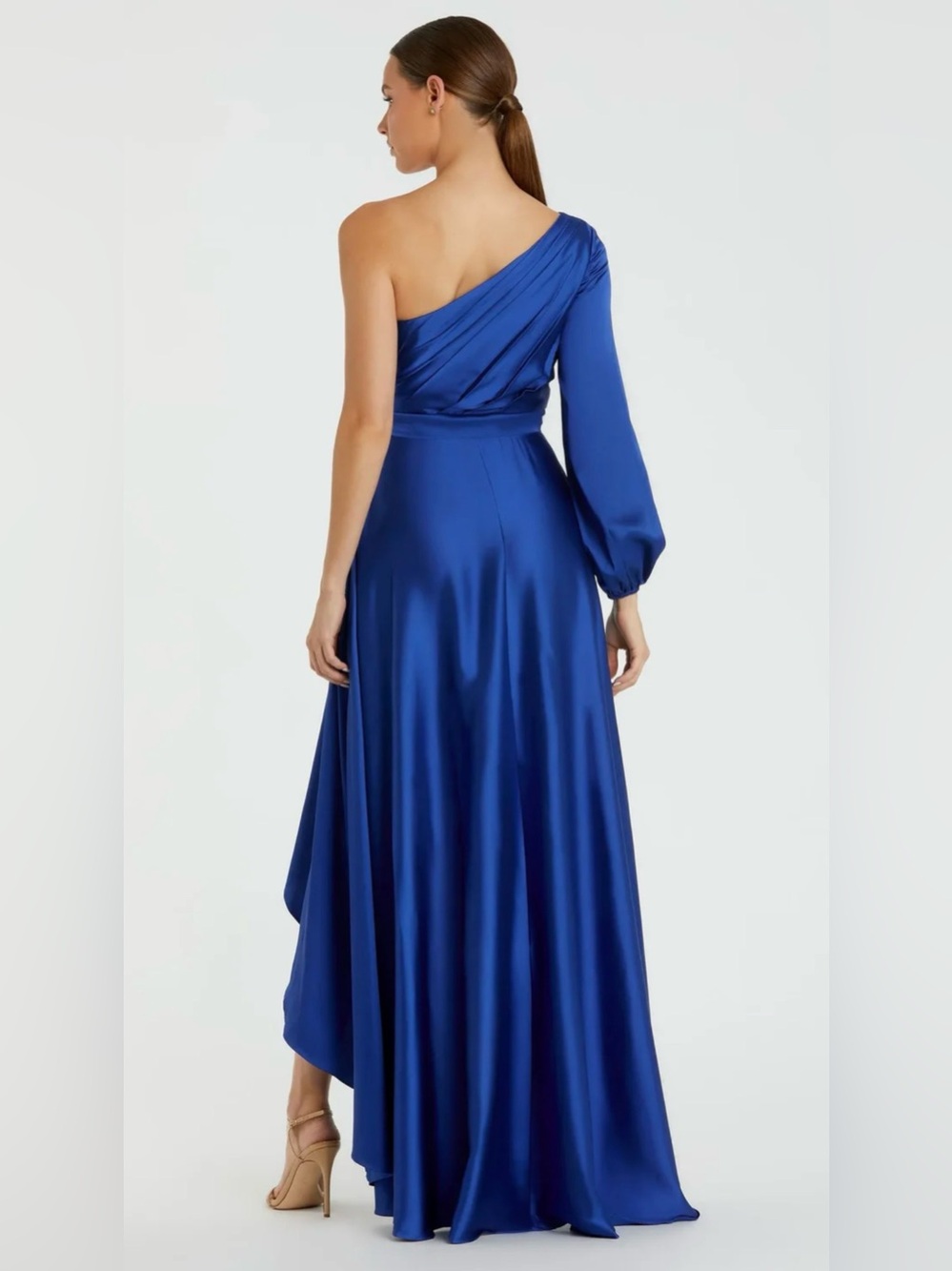 Mac Duggal One-Shoulder Cobalt Blue High-Low Satin Gown - Picture 8 of 10